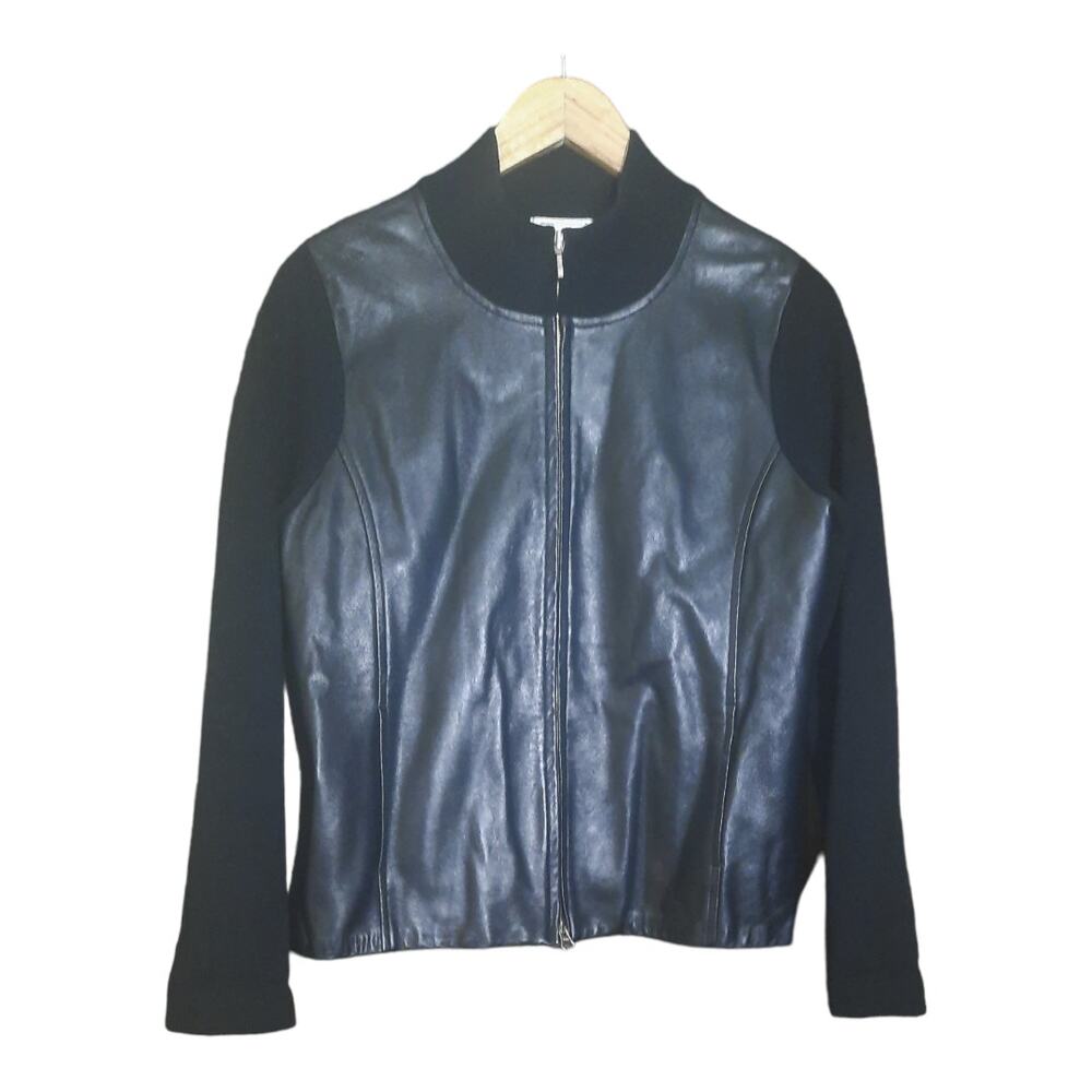 Pendleton Womens Black Leather Wool Mixed Media Zip Jacket Size Medium Petite
